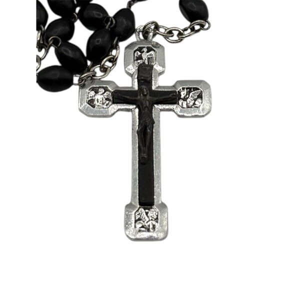 Vintage Black Beaded Rosary Silver Tone 22” Cross Christian Religious Catholic - Picture 2 of 7